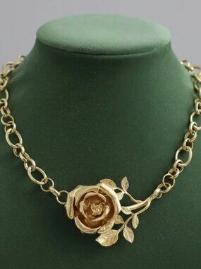 Zara Rose Flower Necklace Choker Pendant Gold Boho Statement Chain Chunky VTG